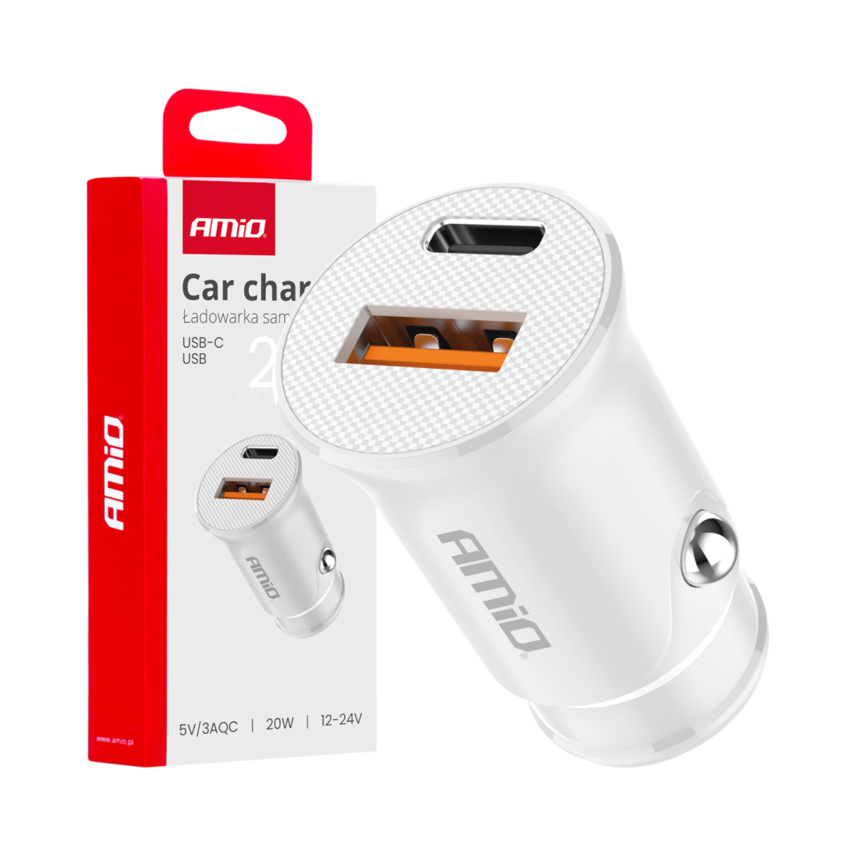 AMIO Cargador de coche USB-A + USB-C 20W 12/24V